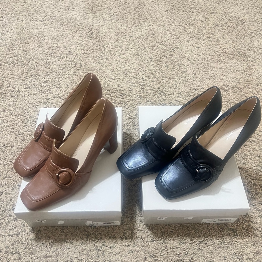Marc Fisher Garlan Tailored Loafer Pump Leather. Black and Med Brown. Size 9